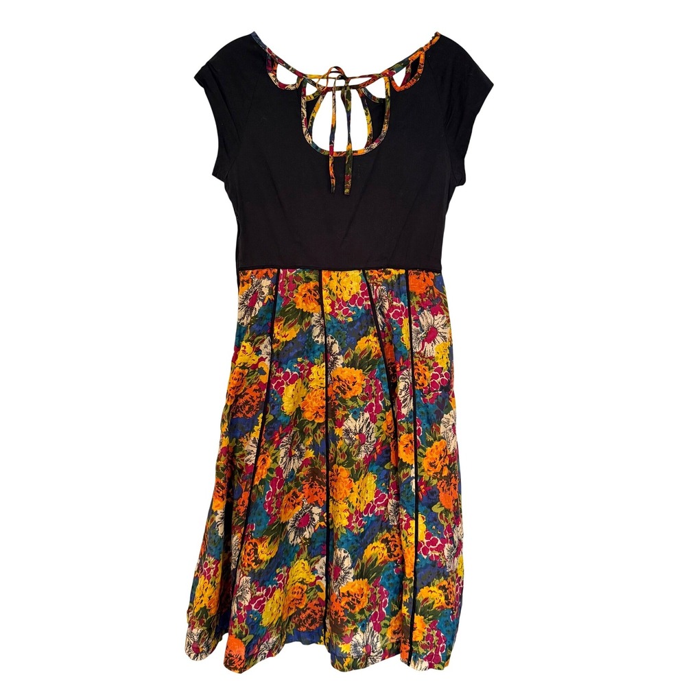 Viola Anthropologie Floral Tie Neck‎ Fit Flare Dress Women's 2 Black Boho Hippie